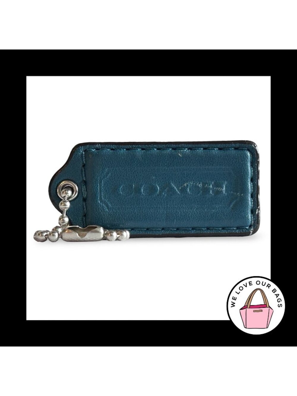COACH HANG TAG 2.25" Blue Smooth Leather Bag Charm Keychain Fob Nickel Large